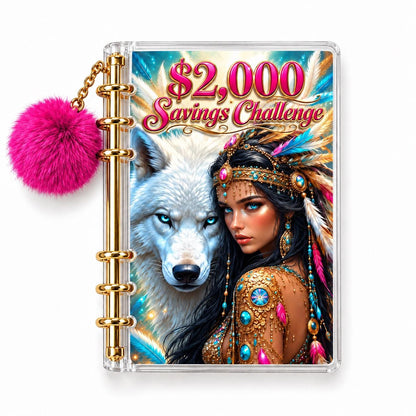 Wolf 2K Savings Challenge A6 Clear Acrylic Binder Bundle with Fuchsia Pom Pom