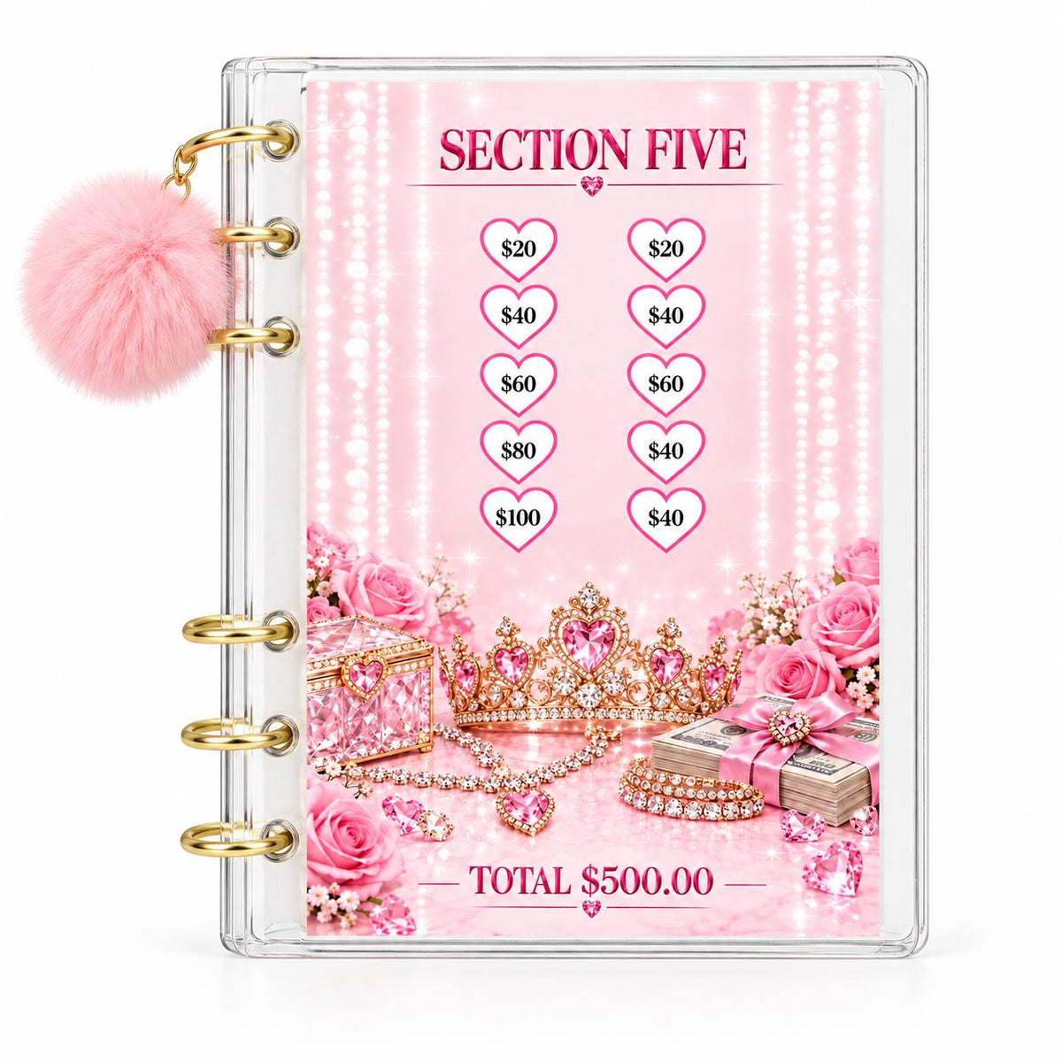Glamorous 5000 Savings Goal Binder with Pom Charm