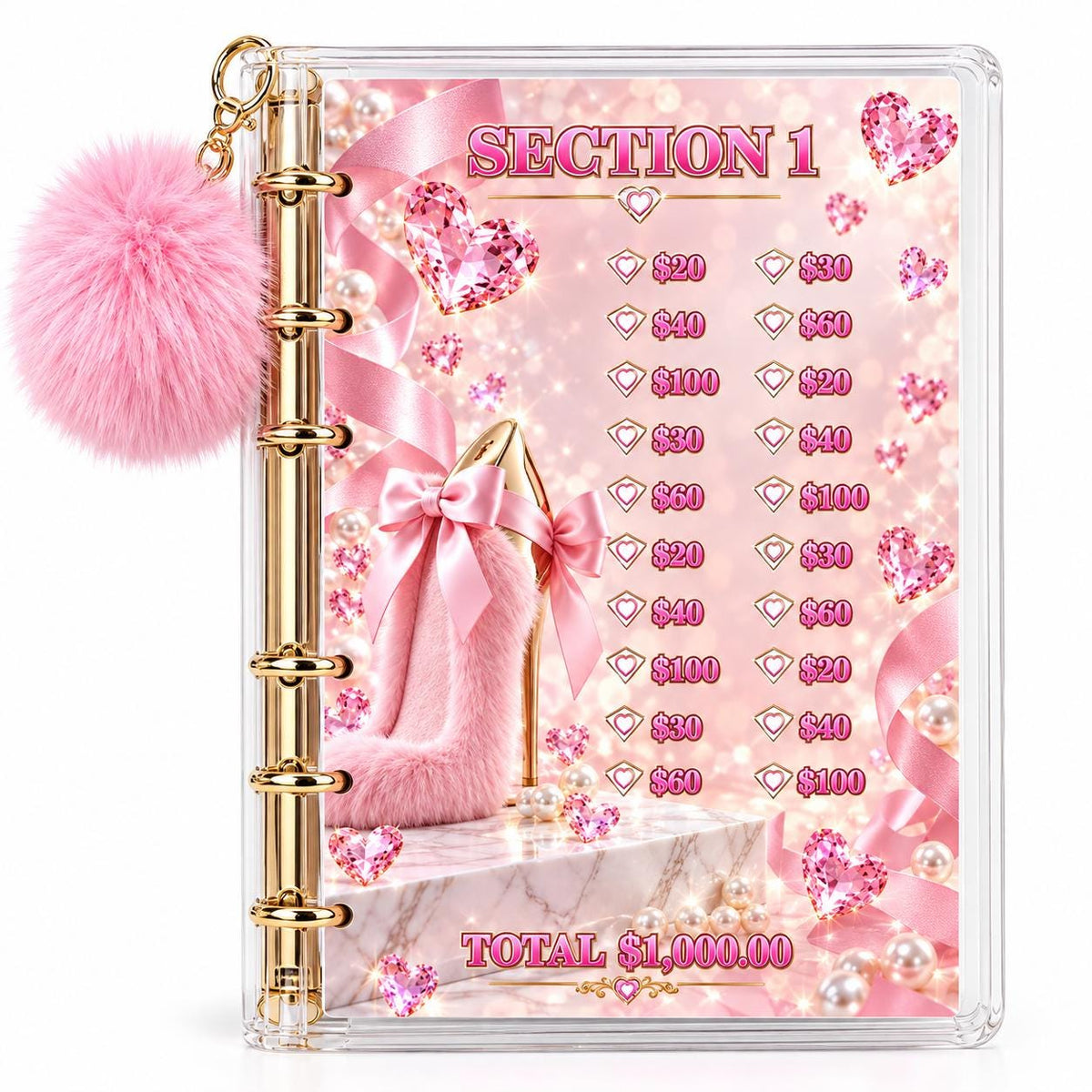 Pink Diamond Five Thousand Dollars Savings Challenge Bundle Physical Binder with Gold Rings