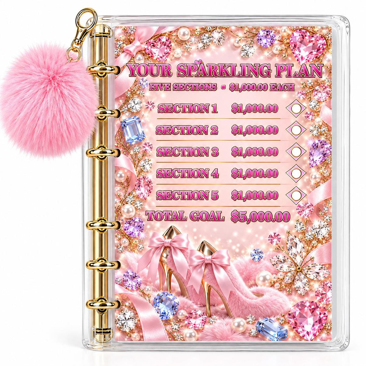 Pink Diamond Five Thousand Dollars Savings Challenge Bundle Physical Binder with Gold Rings