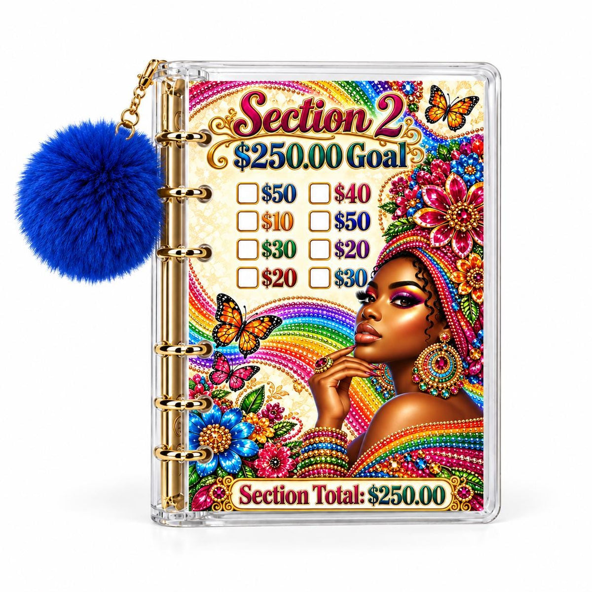 1K Savings Challenge Binder Rainbow Jewel Butterfly Planner, Royal: Clear A6 Acrylic with Six Gold Rings