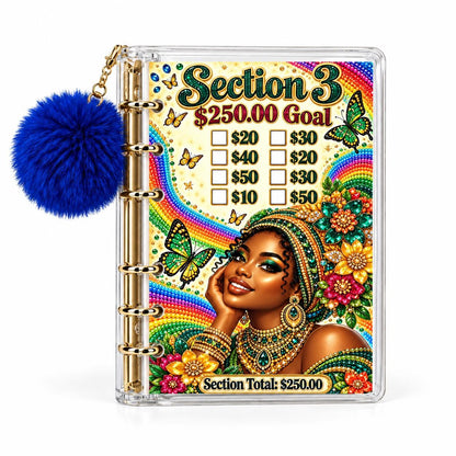1K Savings Challenge Binder Rainbow Jewel Butterfly Planner, Royal: Clear A6 Acrylic with Six Gold Rings