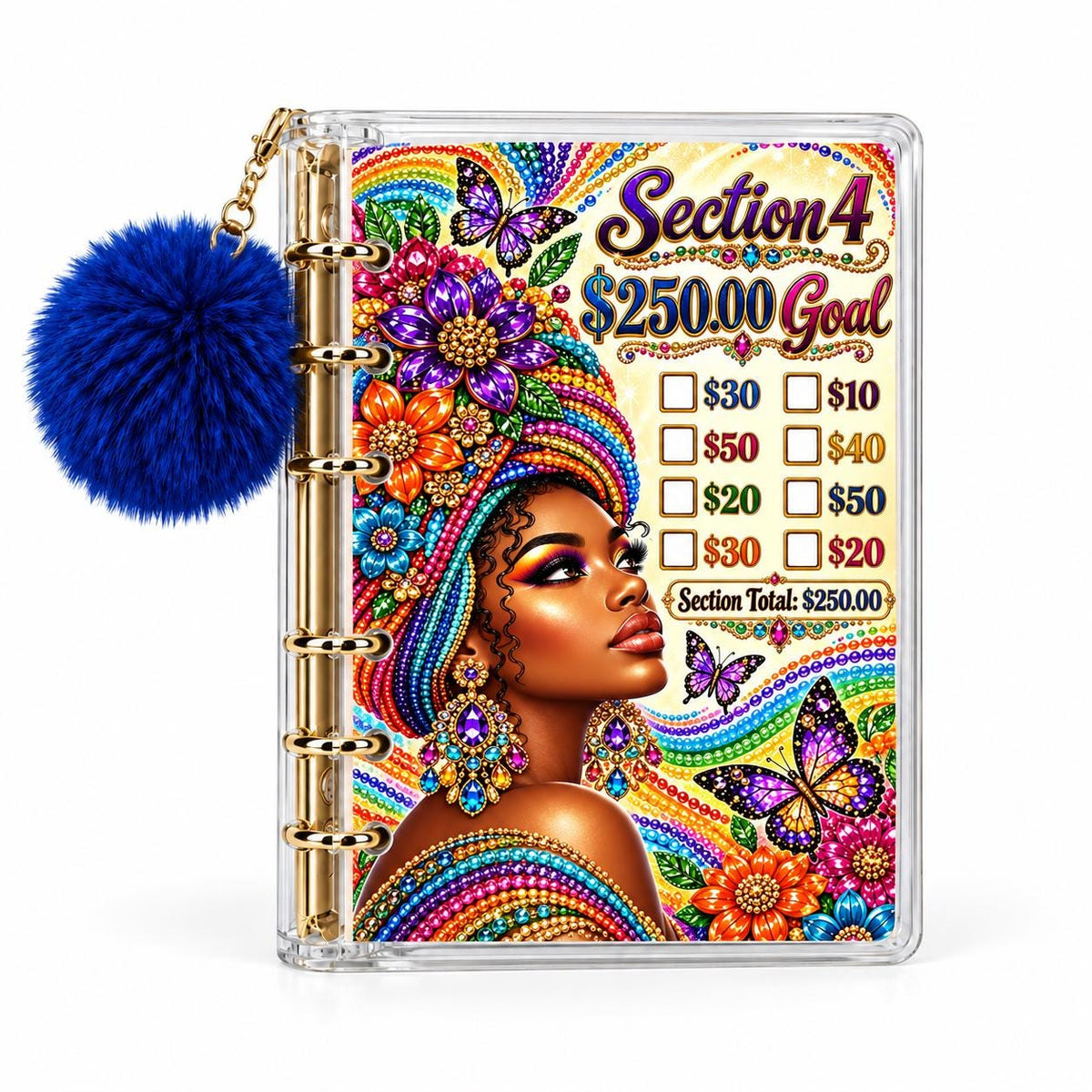 1K Savings Challenge Binder Rainbow Jewel Butterfly Planner, Royal: Clear A6 Acrylic with Six Gold Rings