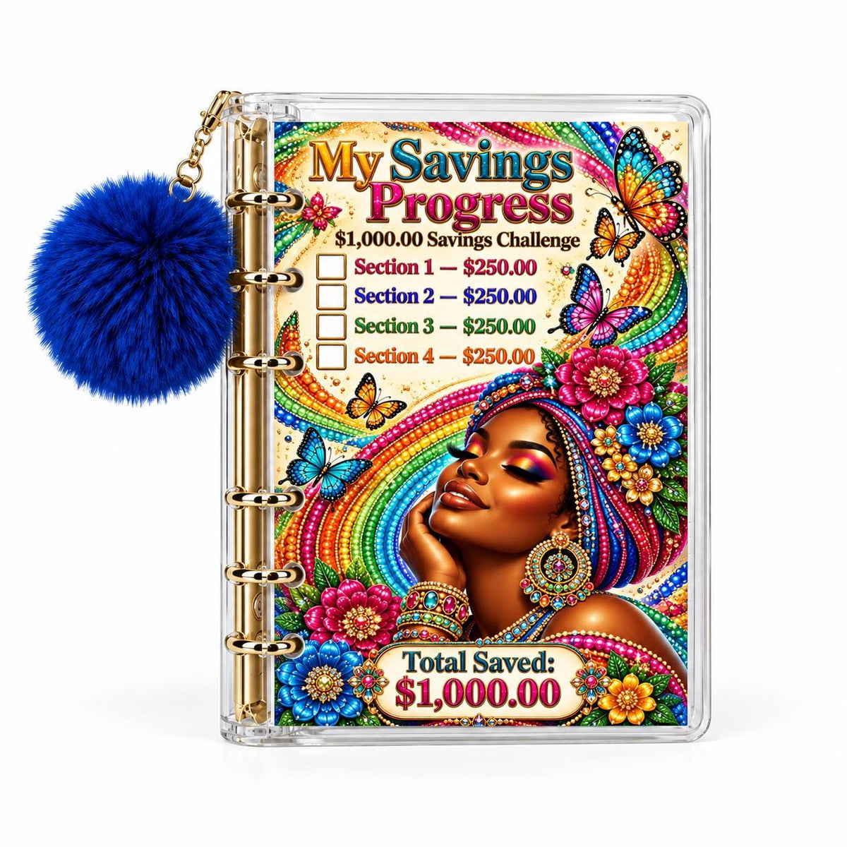 1K Savings Challenge Binder Rainbow Jewel Butterfly Planner, Royal: Clear A6 Acrylic with Six Gold Rings