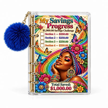 1K Savings Challenge Binder Rainbow Jewel Butterfly Planner, Royal: Clear A6 Acrylic with Six Gold Rings