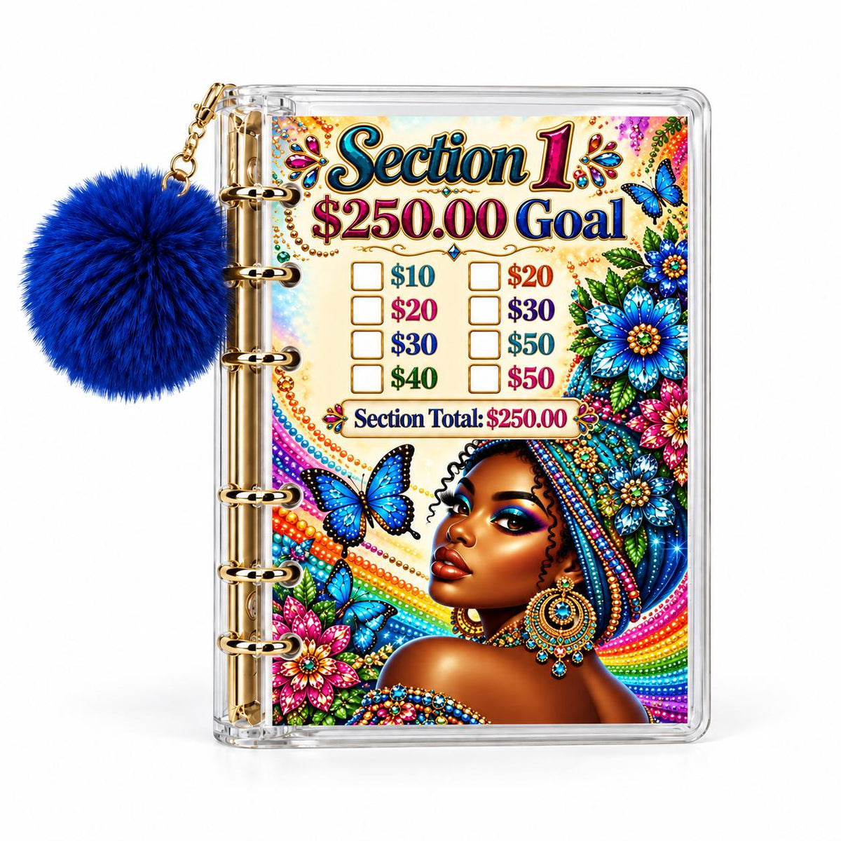 1K Savings Challenge Binder Rainbow Jewel Butterfly Planner, Royal: Clear A6 Acrylic with Six Gold Rings