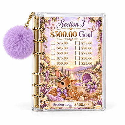 Baby Savings Challenge Binder: A6 Acrylic, Gold Rings, Lavender Pompom, 4 Cards