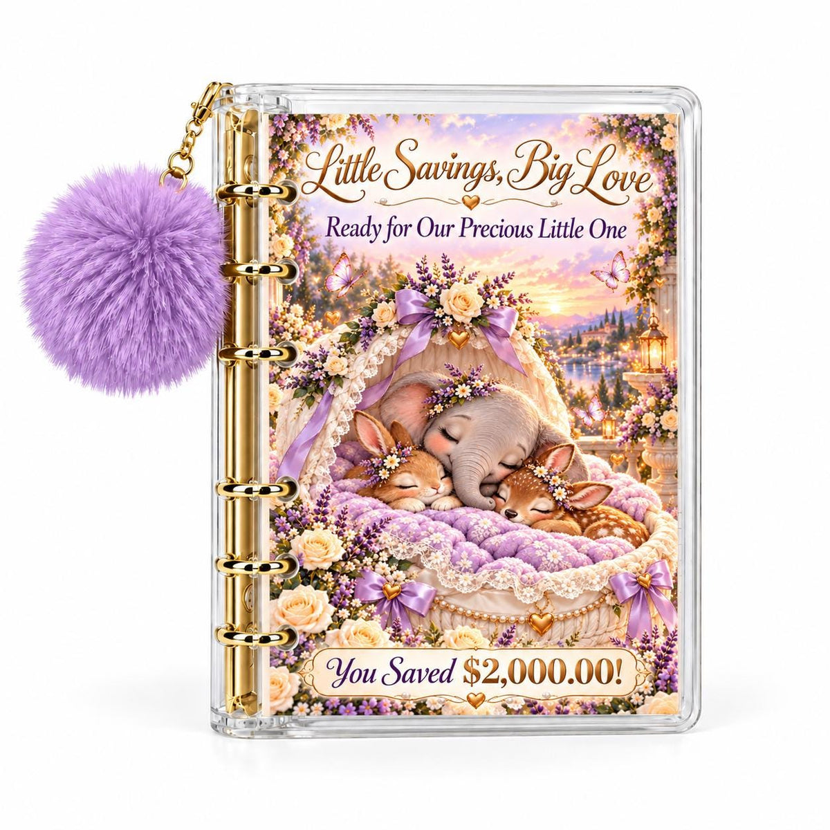 Baby Savings Challenge Binder: A6 Acrylic, Gold Rings, Lavender Pompom, 4 Cards