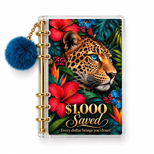 Leopard Savings Challenge Binder: A6 Acrylic with Gold Rings & Blue Pom-Pom Charm