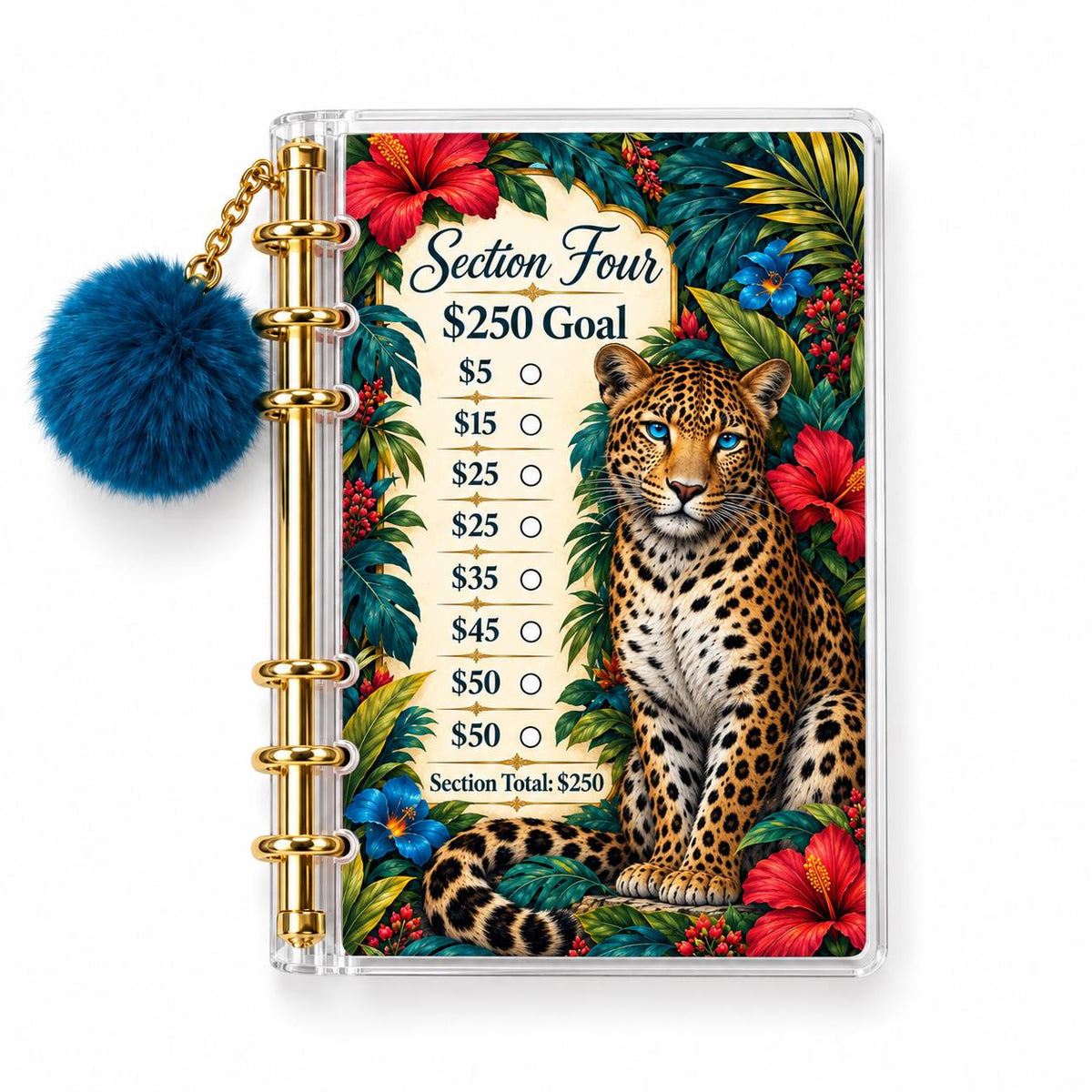 Leopard Savings Challenge Binder: A6 Acrylic with Gold Rings & Blue Pom-Pom Charm
