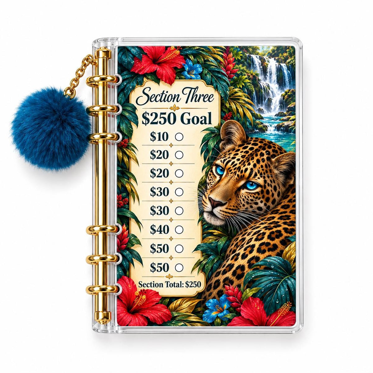 Leopard Savings Challenge Binder: A6 Acrylic with Gold Rings & Blue Pom-Pom Charm