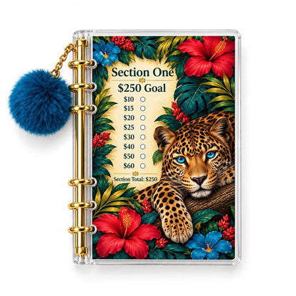Leopard Savings Challenge Binder: A6 Acrylic with Gold Rings & Blue Pom-Pom Charm