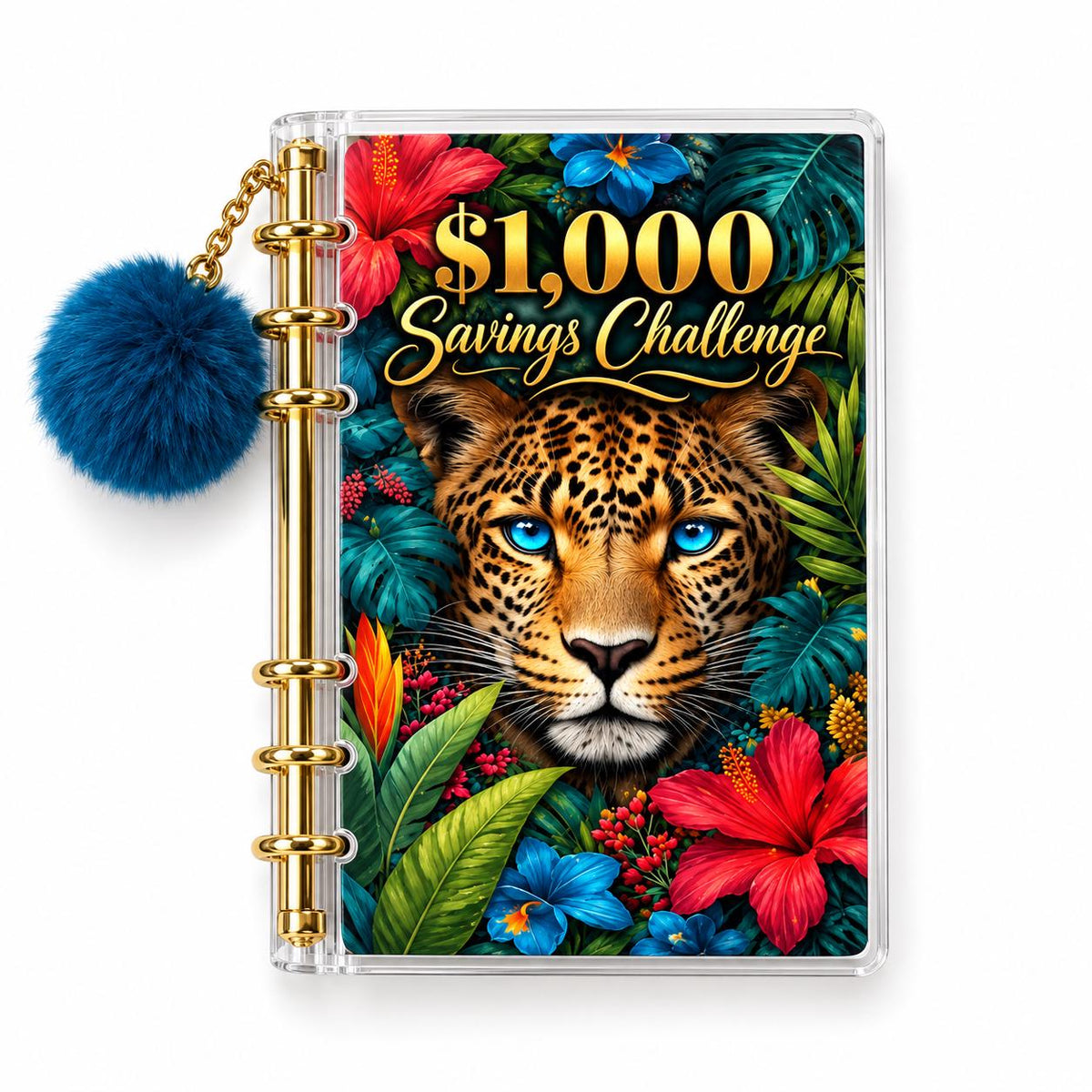 Leopard Savings Challenge Binder: A6 Acrylic with Gold Rings & Blue Pom-Pom Charm