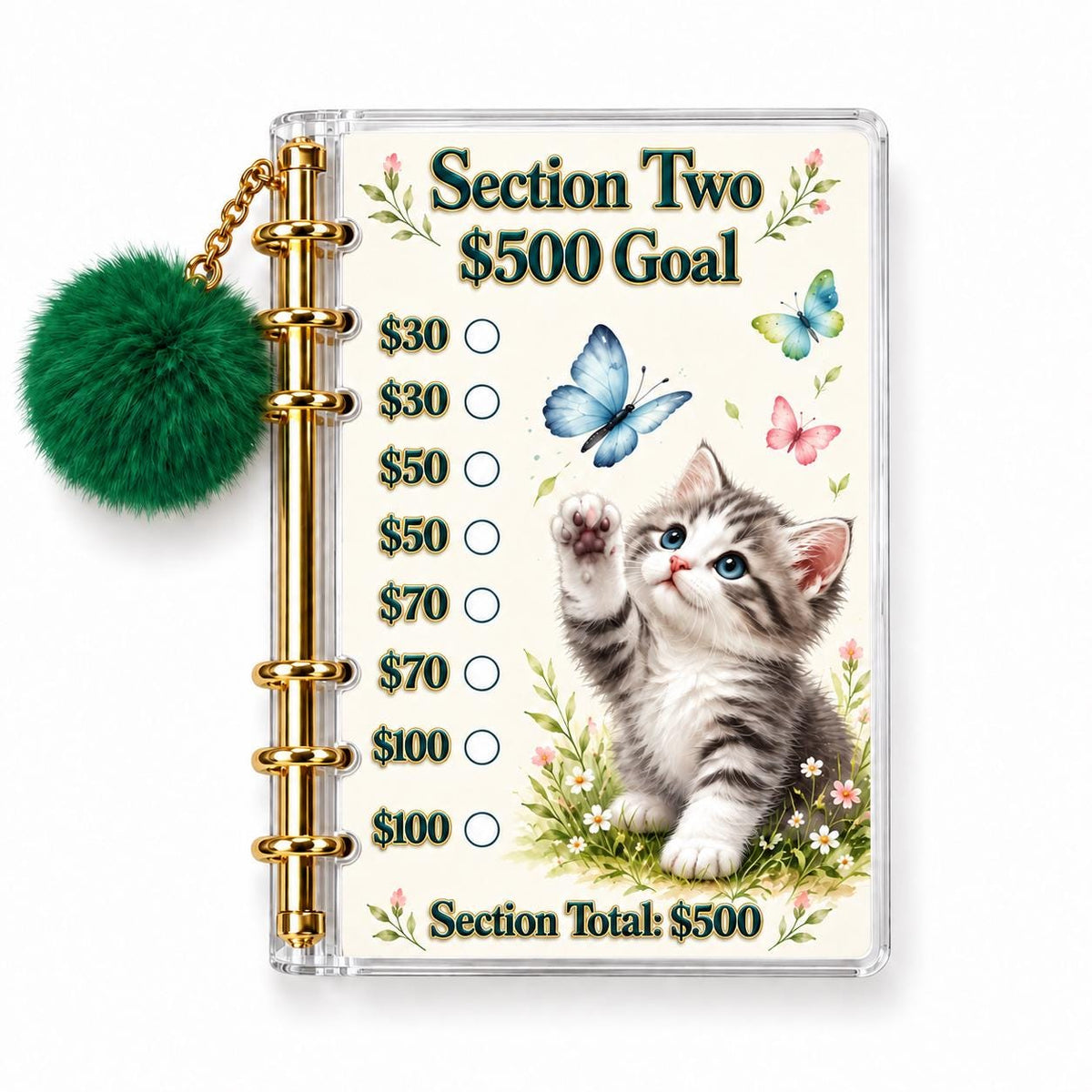 Kitten 2000 Savings Challenge A6 Binder Bundle Butterfly Cash Stuffing Tracker