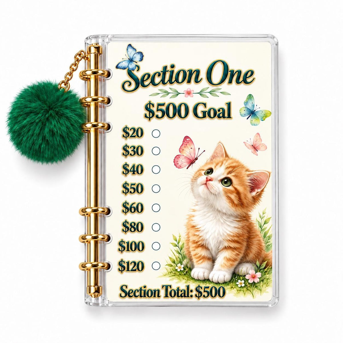 Kitten 2000 Savings Challenge A6 Binder Bundle Butterfly Cash Stuffing Tracker