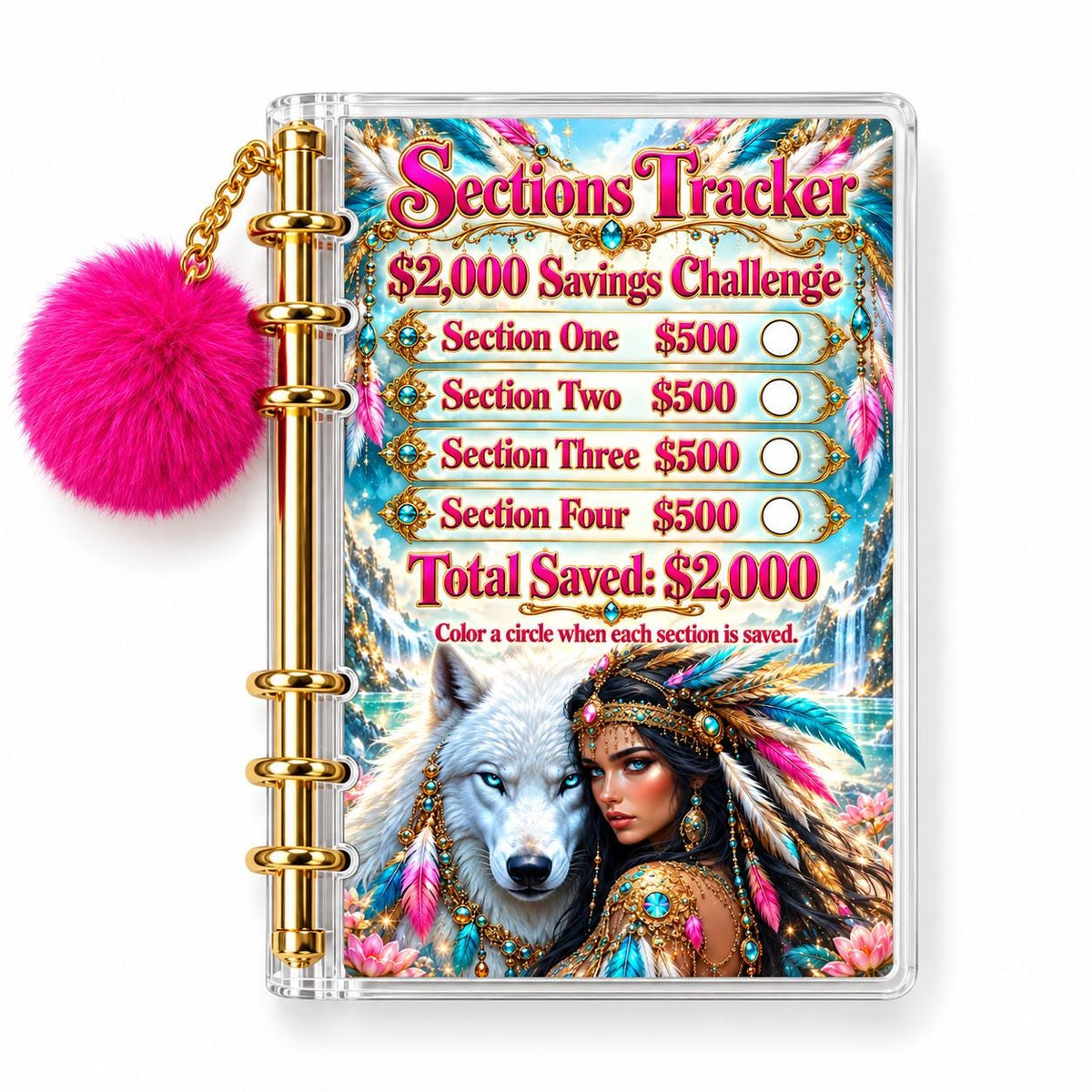 Wolf 2K Savings Challenge A6 Clear Acrylic Binder Bundle with Fuchsia Pom Pom