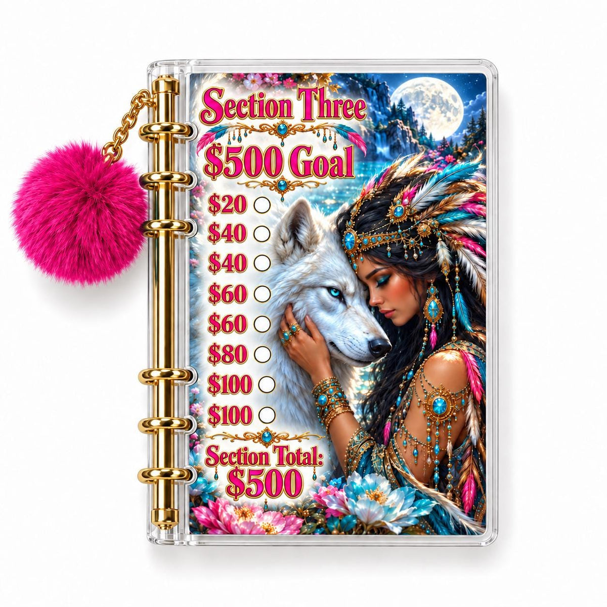 Wolf 2K Savings Challenge A6 Clear Acrylic Binder Bundle with Fuchsia Pom Pom