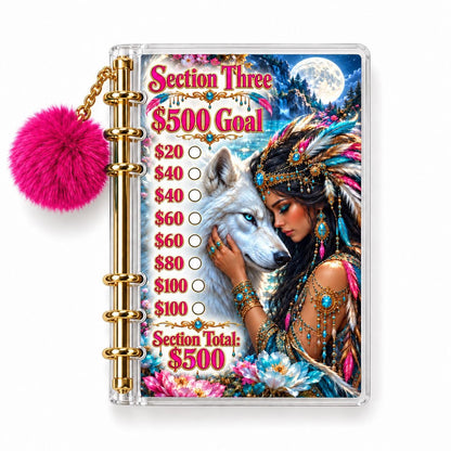 Wolf 2K Savings Challenge A6 Clear Acrylic Binder Bundle with Fuchsia Pom Pom