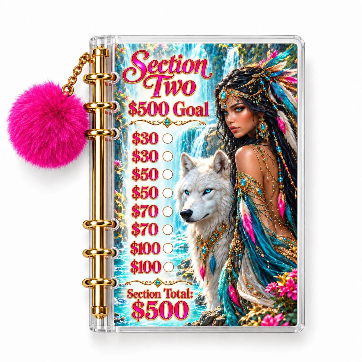 Wolf 2K Savings Challenge A6 Clear Acrylic Binder Bundle with Fuchsia Pom Pom