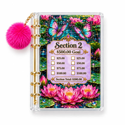2500 Butterfly Water Lily Cash Stuffing Planner A6 Acrylic Binder Six Gold Rings