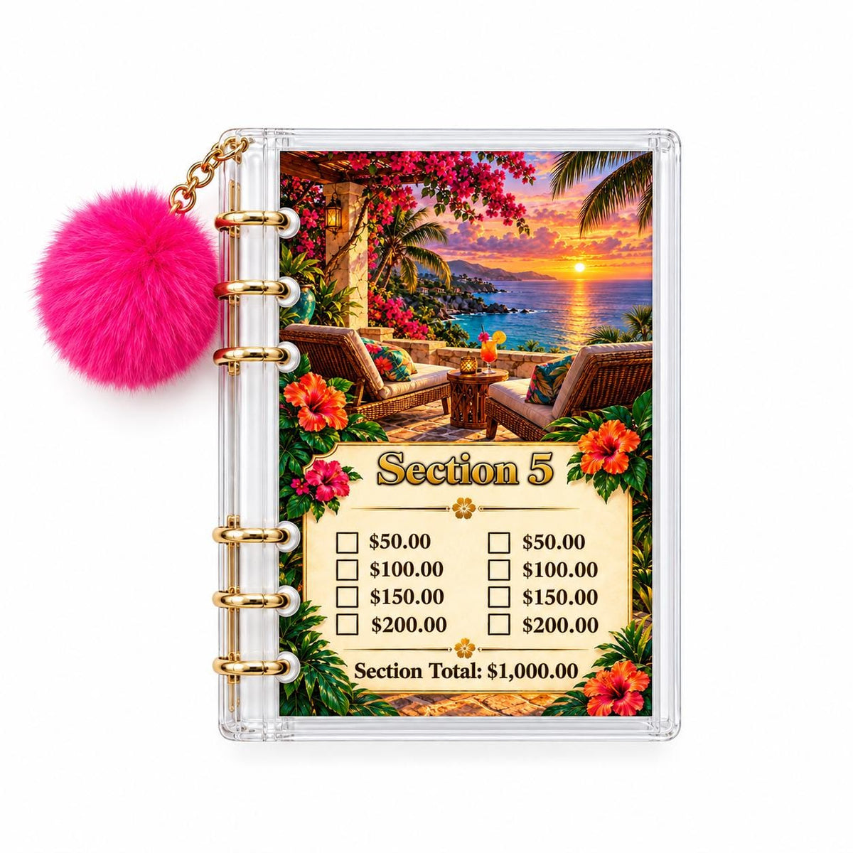 5K Vacation Savings Binder: Tropical A6 Acrylic with Gold Rings