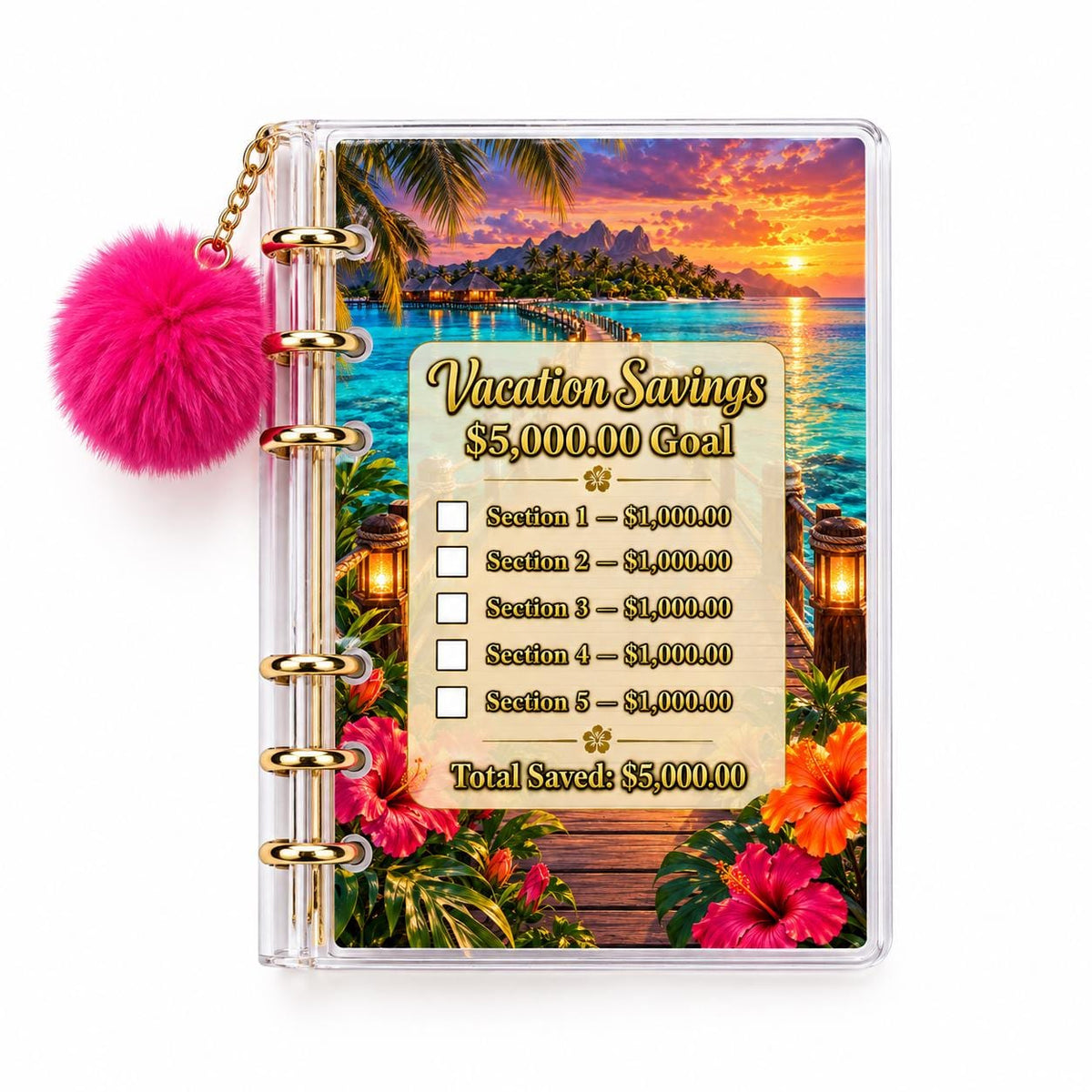 5K Vacation Savings Binder: Tropical A6 Acrylic with Gold Rings