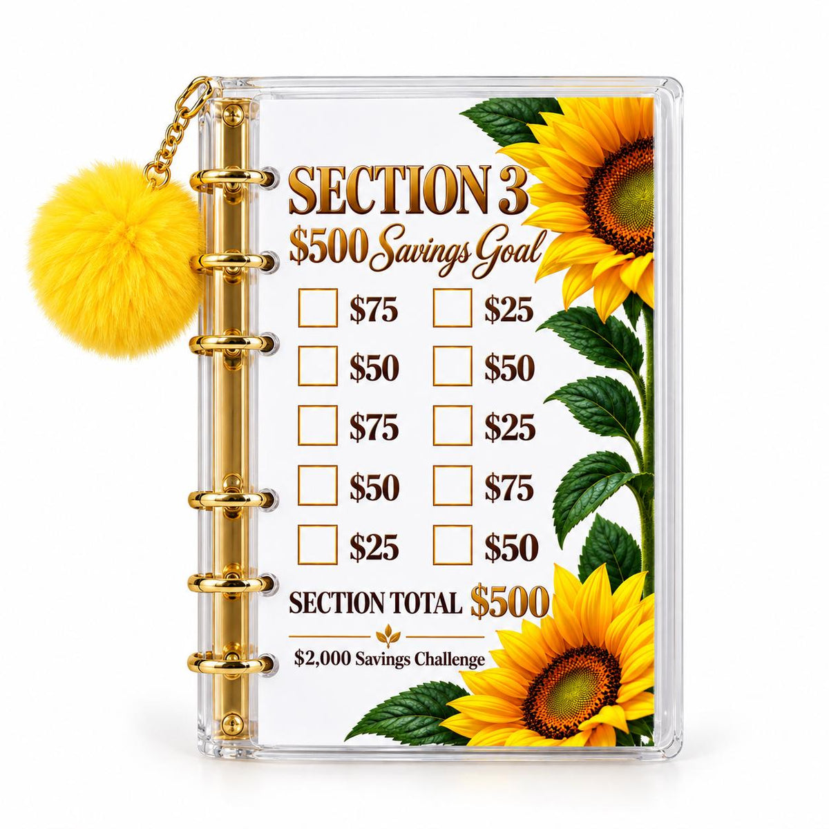 Sunflower 2000 Savings Challenge A6 Clear Acrylic Binder Bundle with Yellow Pom Pom