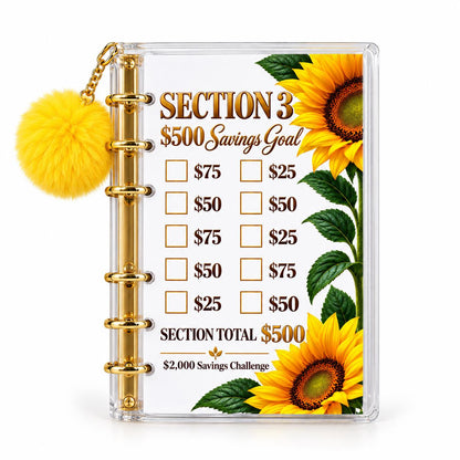 Sunflower 2000 Savings Challenge A6 Clear Acrylic Binder Bundle with Yellow Pom Pom