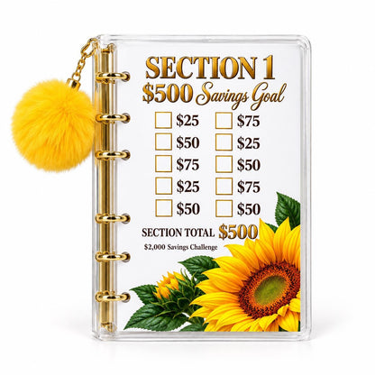 Sunflower 2000 Savings Challenge A6 Clear Acrylic Binder Bundle with Yellow Pom Pom