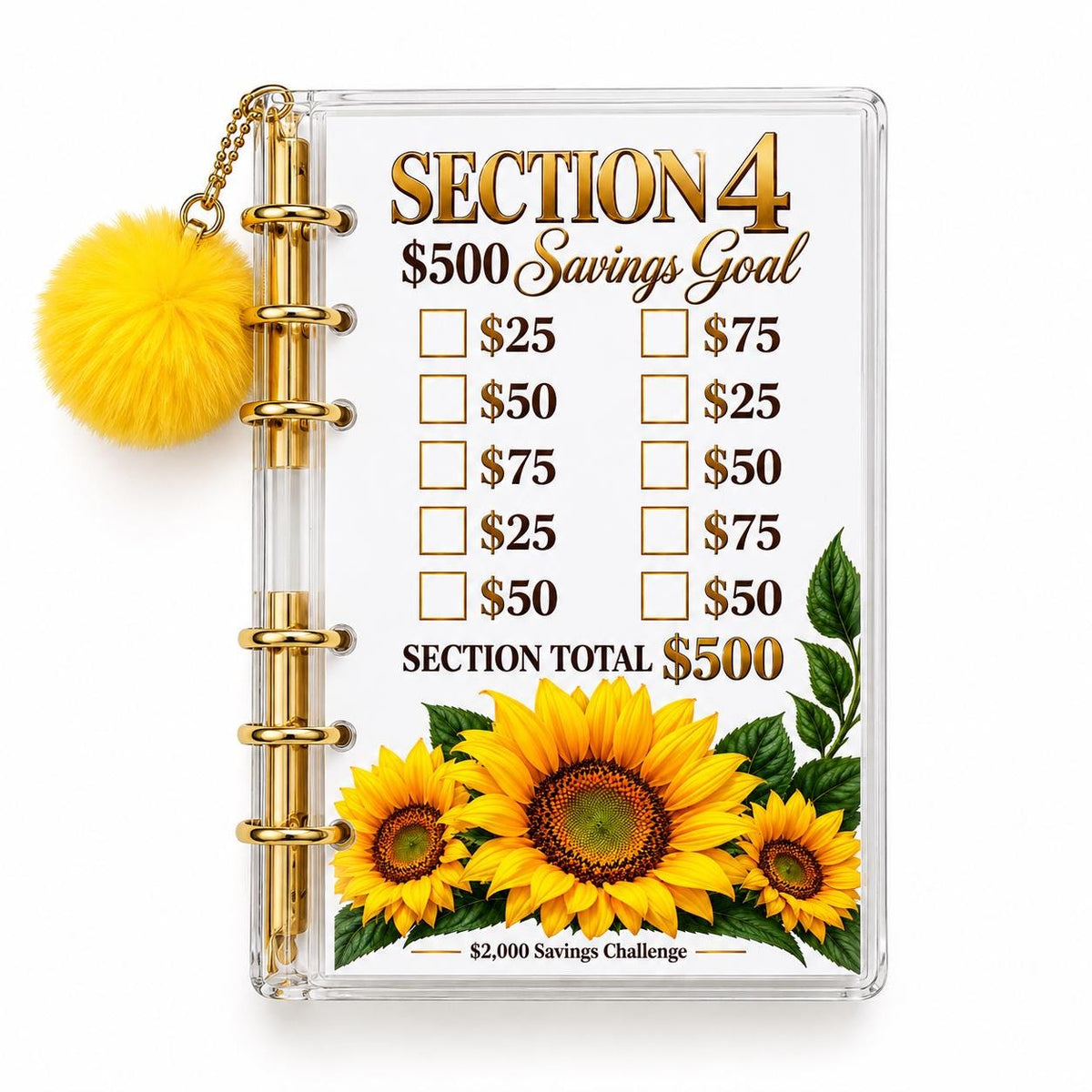 Sunflower 2000 Savings Challenge A6 Clear Acrylic Binder Bundle with Yellow Pom Pom