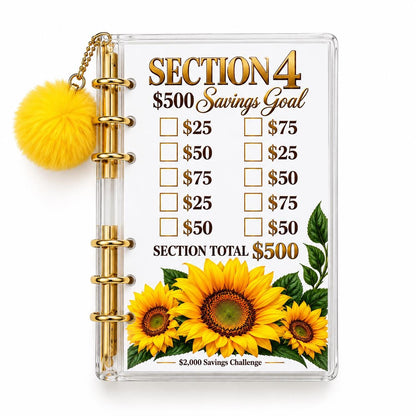 Sunflower 2000 Savings Challenge A6 Clear Acrylic Binder Bundle with Yellow Pom Pom