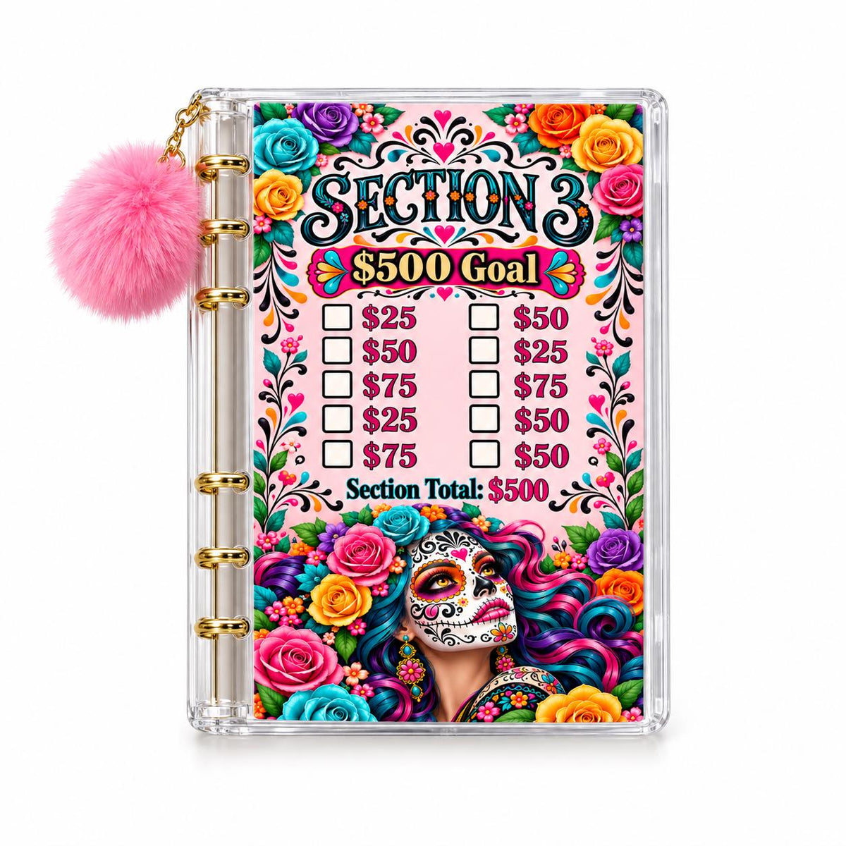 Floral Sugar Skull Savings Binder Bundle, A6 Acrylic with Gold Rings