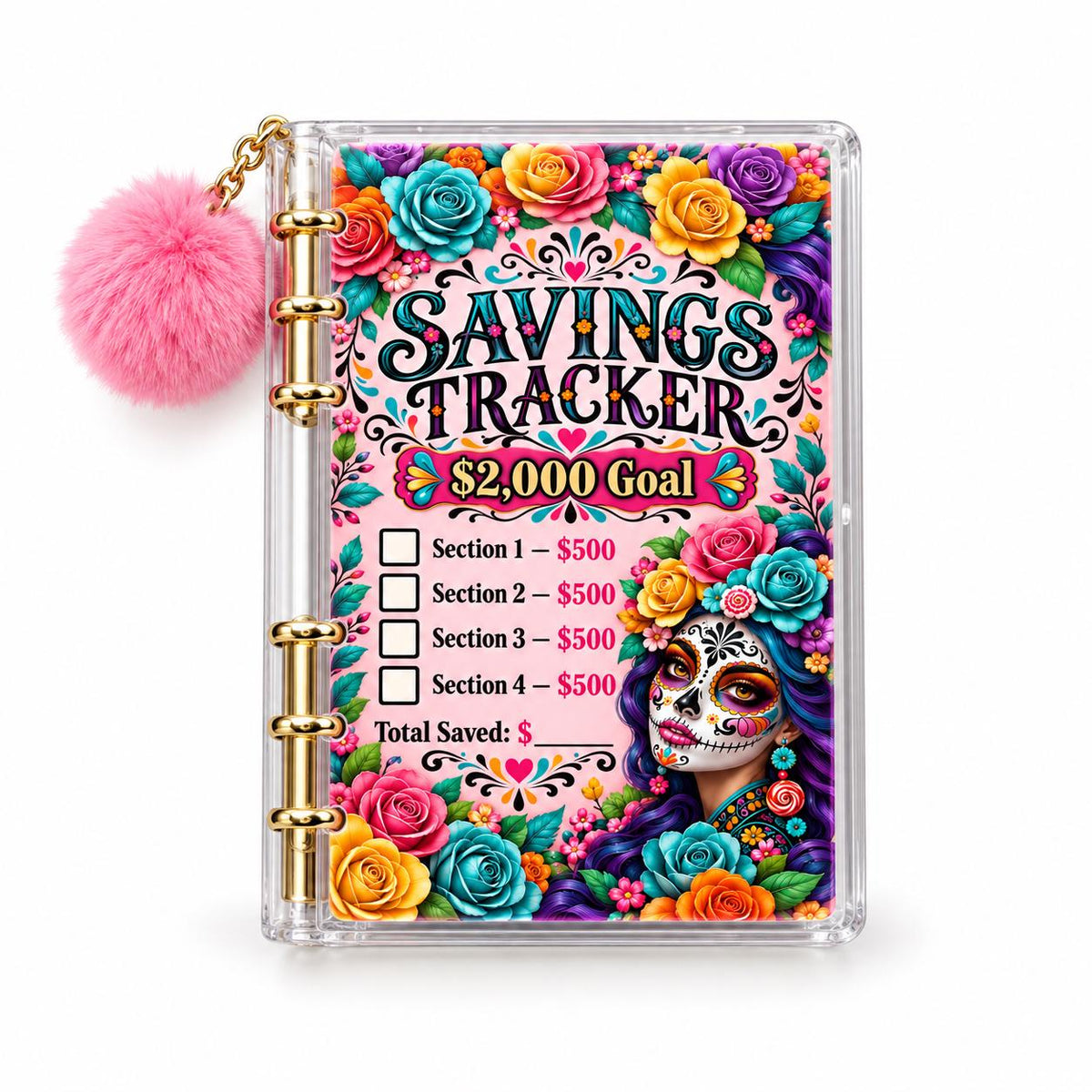Floral Sugar Skull Savings Binder Bundle, A6 Acrylic with Gold Rings