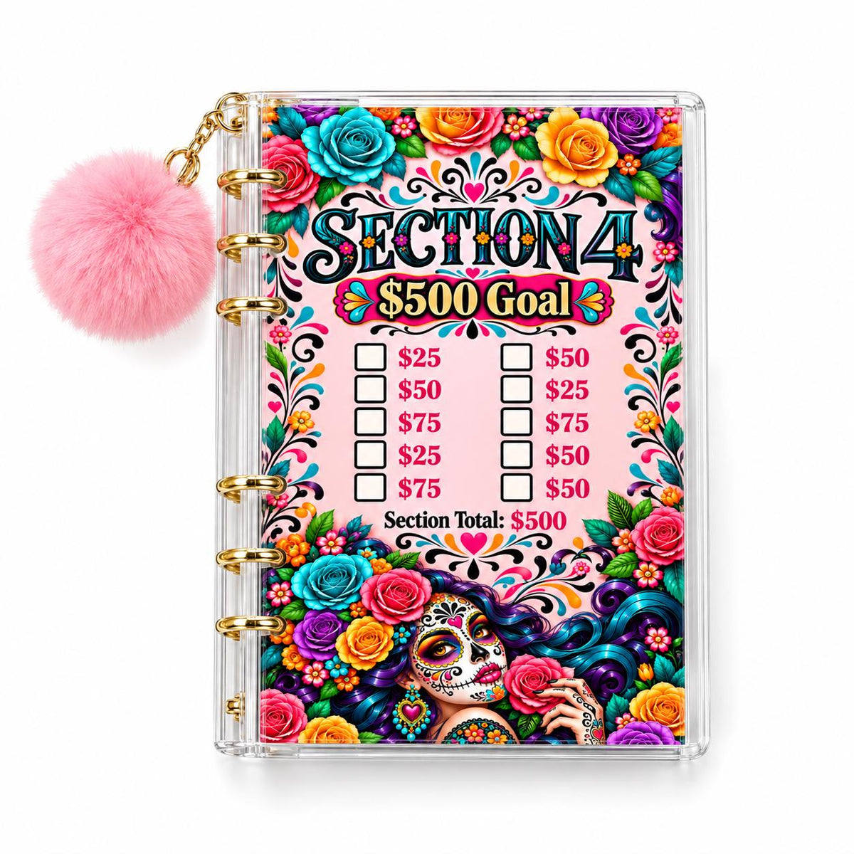 Floral Sugar Skull Savings Binder Bundle, A6 Acrylic with Gold Rings