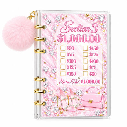 A6 Savings Binder: Light Pink Acrylic with Pom-Pom, Diamond Artwork