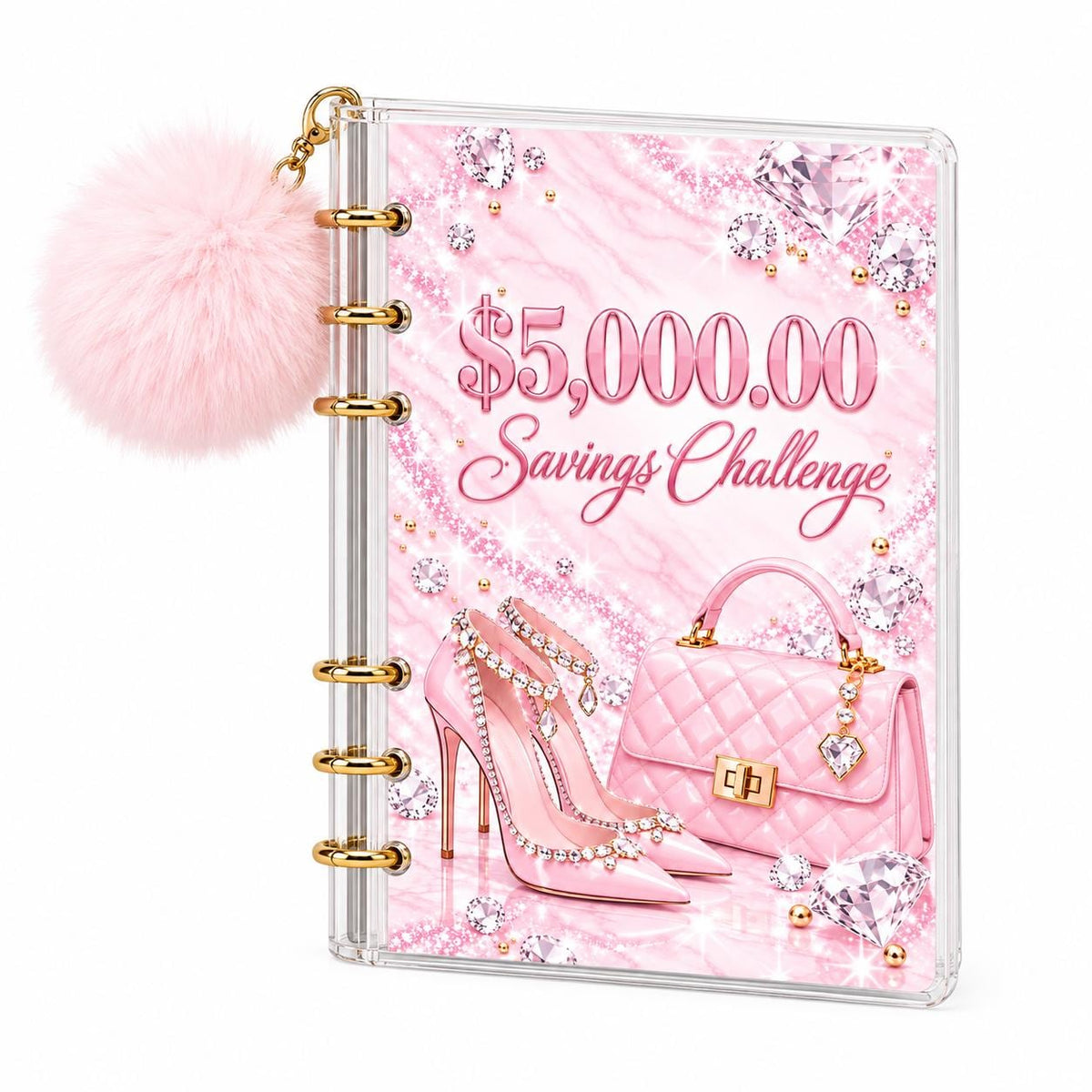 A6 Savings Binder: Light Pink Acrylic with Pom-Pom, Diamond Artwork