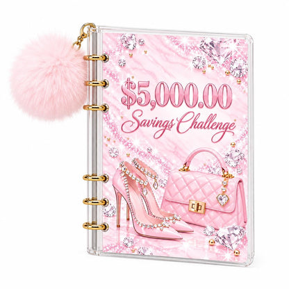A6 Savings Binder: Light Pink Acrylic with Pom-Pom, Diamond Artwork