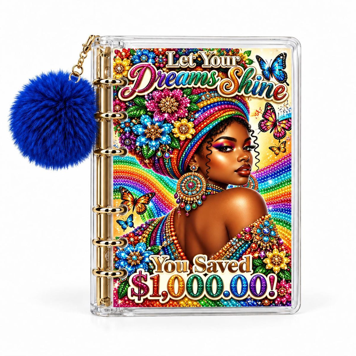 1K Savings Challenge Binder Rainbow Jewel Butterfly Planner, Royal: Clear A6 Acrylic with Six Gold Rings