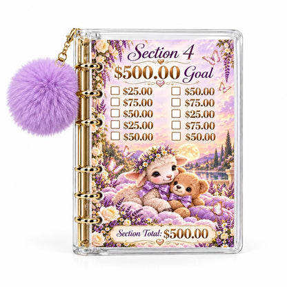 Baby Savings Challenge Binder: A6 Acrylic, Gold Rings, Lavender Pompom, 4 Cards