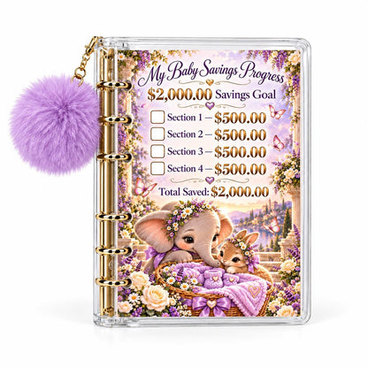 Baby Savings Challenge Binder: A6 Acrylic, Gold Rings, Lavender Pompom, 4 Cards