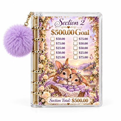 Baby Savings Challenge Binder: A6 Acrylic, Gold Rings, Lavender Pompom, 4 Cards
