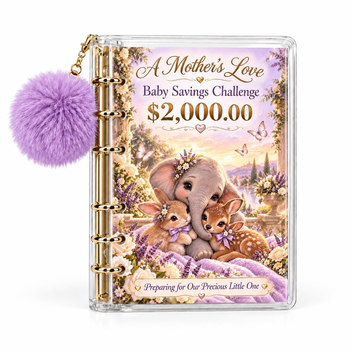 Baby Savings Challenge Binder: A6 Acrylic, Gold Rings, Lavender Pompom, 4 Cards