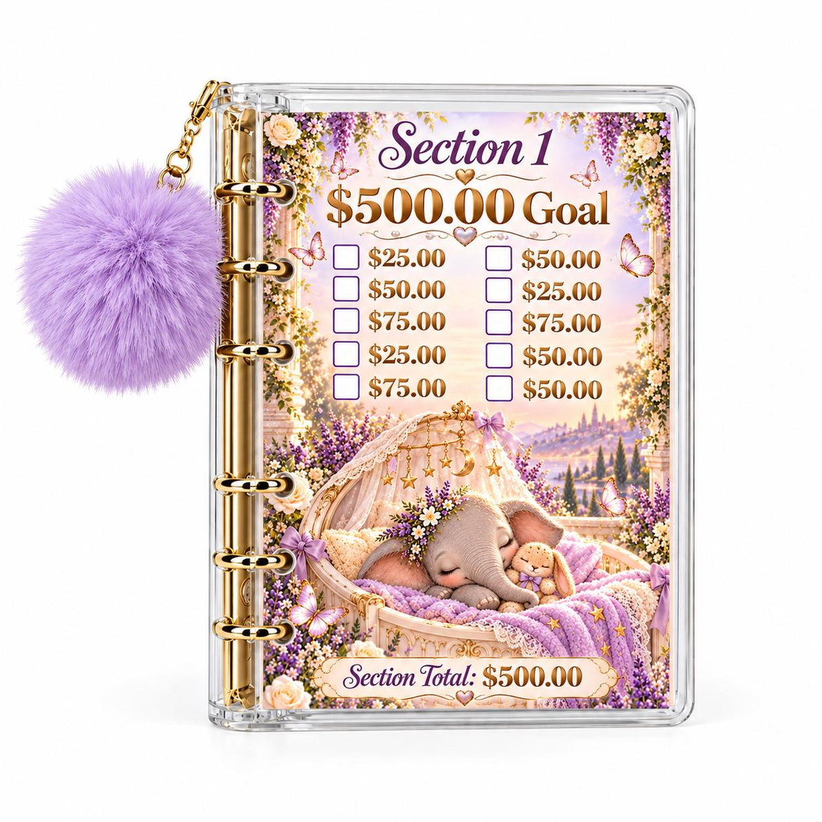 Baby Savings Challenge Binder: A6 Acrylic, Gold Rings, Lavender Pompom, 4 Cards