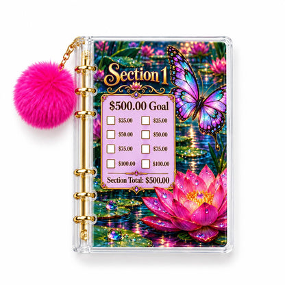 2500 Butterfly Water Lily Cash Stuffing Planner A6 Acrylic Binder Six Gold Rings