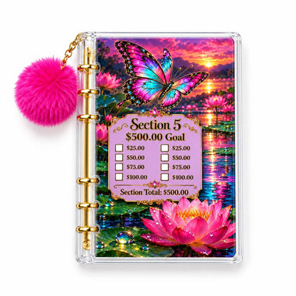 2500 Butterfly Water Lily Cash Stuffing Planner A6 Acrylic Binder Six Gold Rings