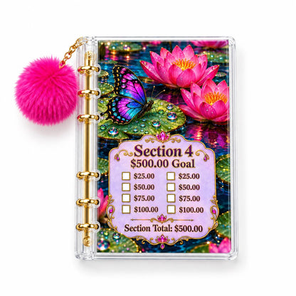 2500 Butterfly Water Lily Cash Stuffing Planner A6 Acrylic Binder Six Gold Rings