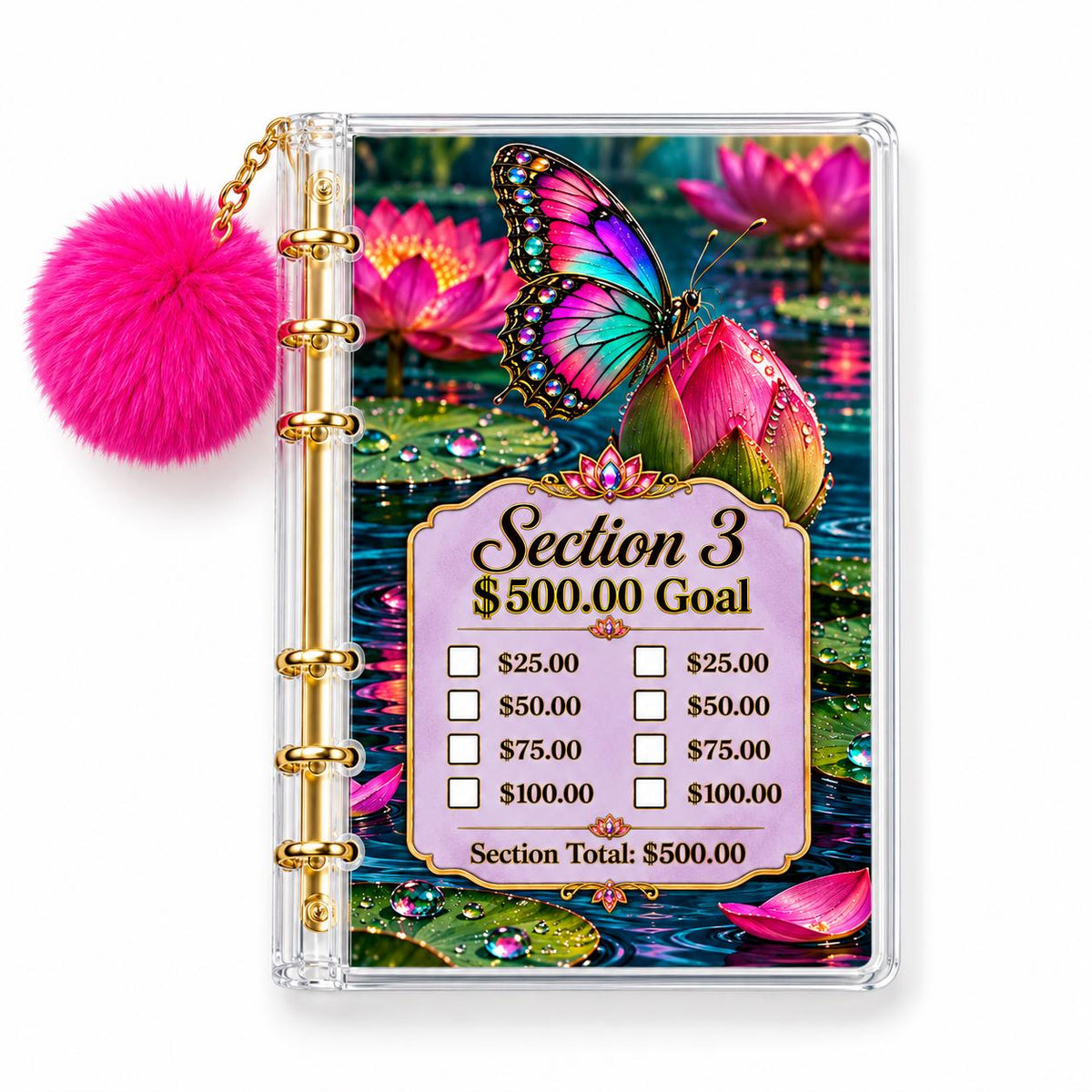 2500 Butterfly Water Lily Cash Stuffing Planner A6 Acrylic Binder Six Gold Rings