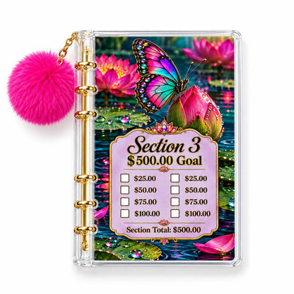 2500 Butterfly Water Lily Cash Stuffing Planner A6 Acrylic Binder Six Gold Rings