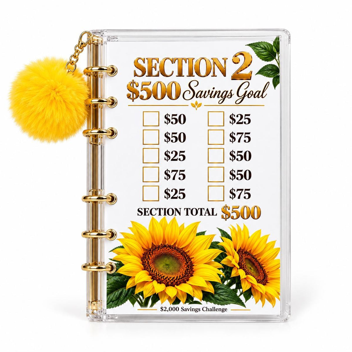 Sunflower 2000 Savings Challenge A6 Clear Acrylic Binder Bundle with Yellow Pom Pom