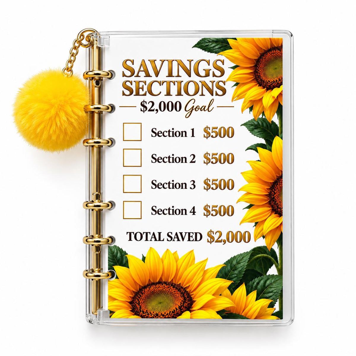 Sunflower 2000 Savings Challenge A6 Clear Acrylic Binder Bundle with Yellow Pom Pom